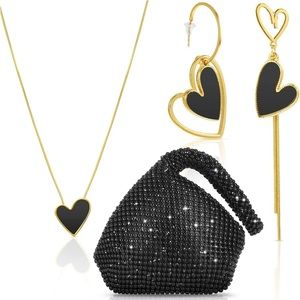 Heart Earrings 🖤 Asymmetric Heart Necklace Love 🖤 Evening Bag Wristlet NEW SET